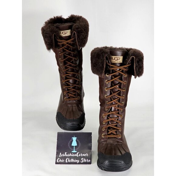 UGG Adirondack Women's Brown Leather & Fur Tall Lace-Up Boots Size 6 313 - Picture 2 of 15